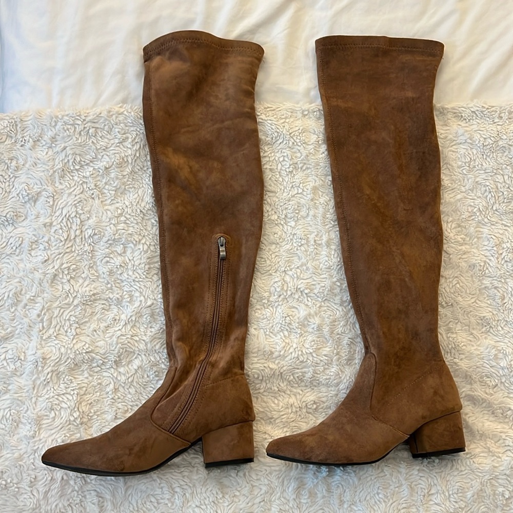 Camel over-the-knees suede kitten heel boots
